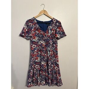 BCBG Paris Women's Pink Blue Floral Dress Lined Flutter Sleeve Ruffle Size Small